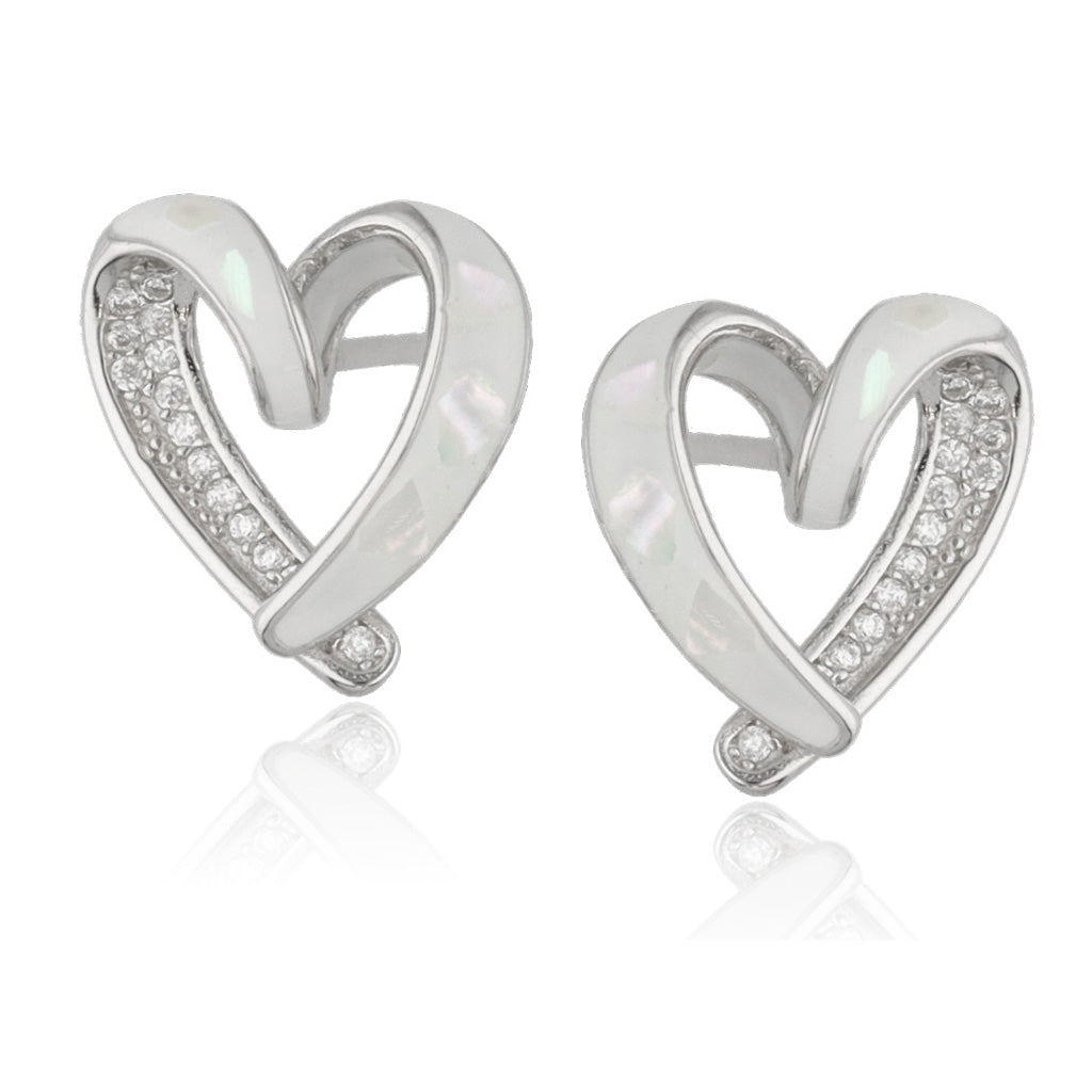 Heart-shaped silver earrings with embedded stones on a white background