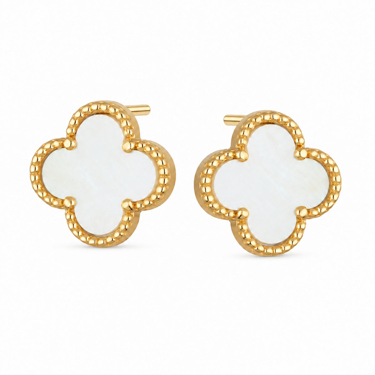 Gold Clover Stud Earrings – Mother of Pearl, Beaded Border