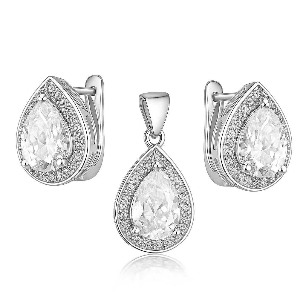 Jewelry set with teardrop-shaped pendants on a white background