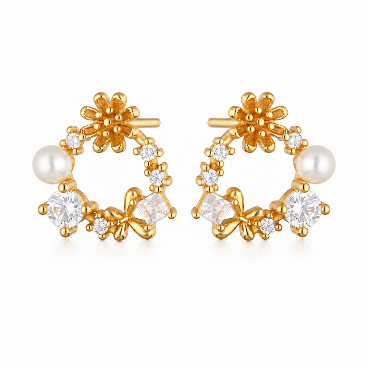 Gold Pearl and Zirconia Wreath Stud Earrings