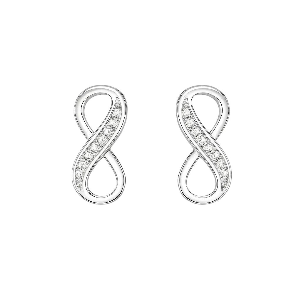 Silver infinity-shaped earrings with small zirconia on a white background