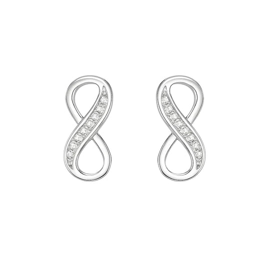 Silver infinity-shaped earrings with small zirconia on a white background