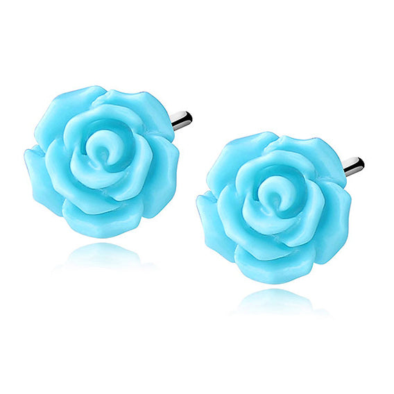 A pair of blue vintage-inspired 925 silver rose earrings with a stud attachment.
