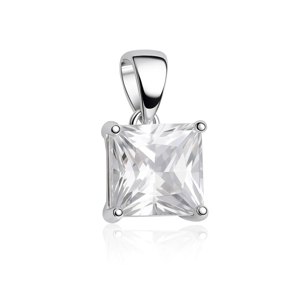 Silver pendant with a clear square-cut gemstone on a white background