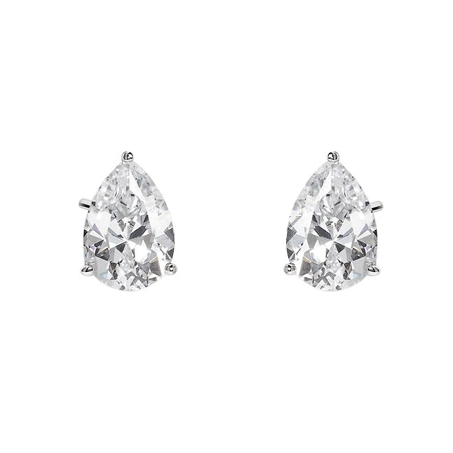 A pair of pear-shaped zirconia stud earrings with rhodium plating.