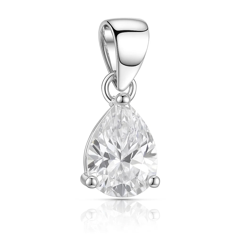 Silver pendant with a large teardrop-shaped clear gemstone on a white background