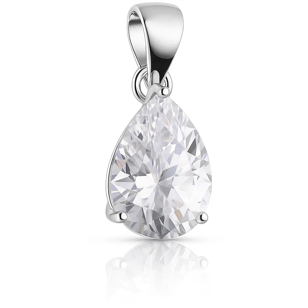Teardrop-shaped diamond pendant on a white background
