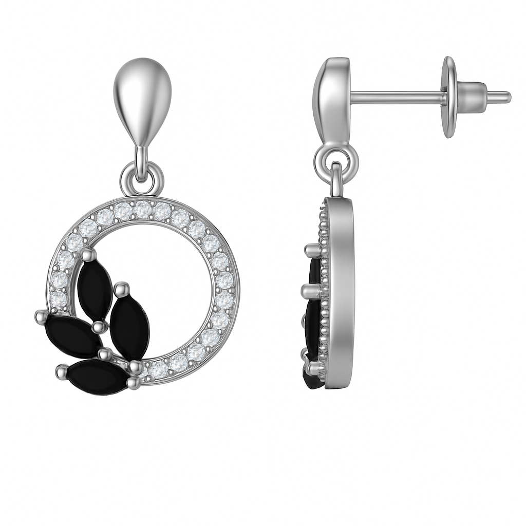 Silver Black Zirconia Leaf Earrings
