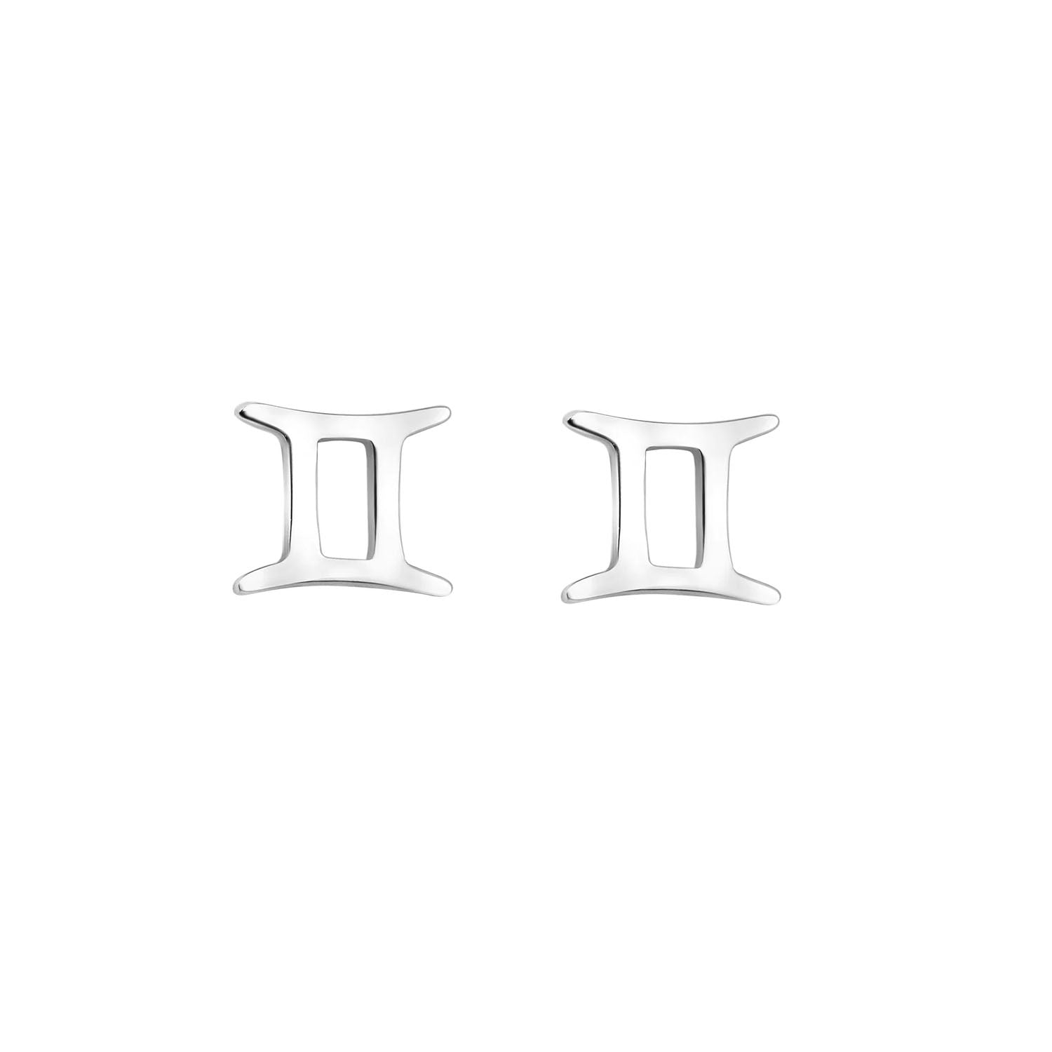 A pair of silver stud earrings featuring the Gemini zodiac symbol.