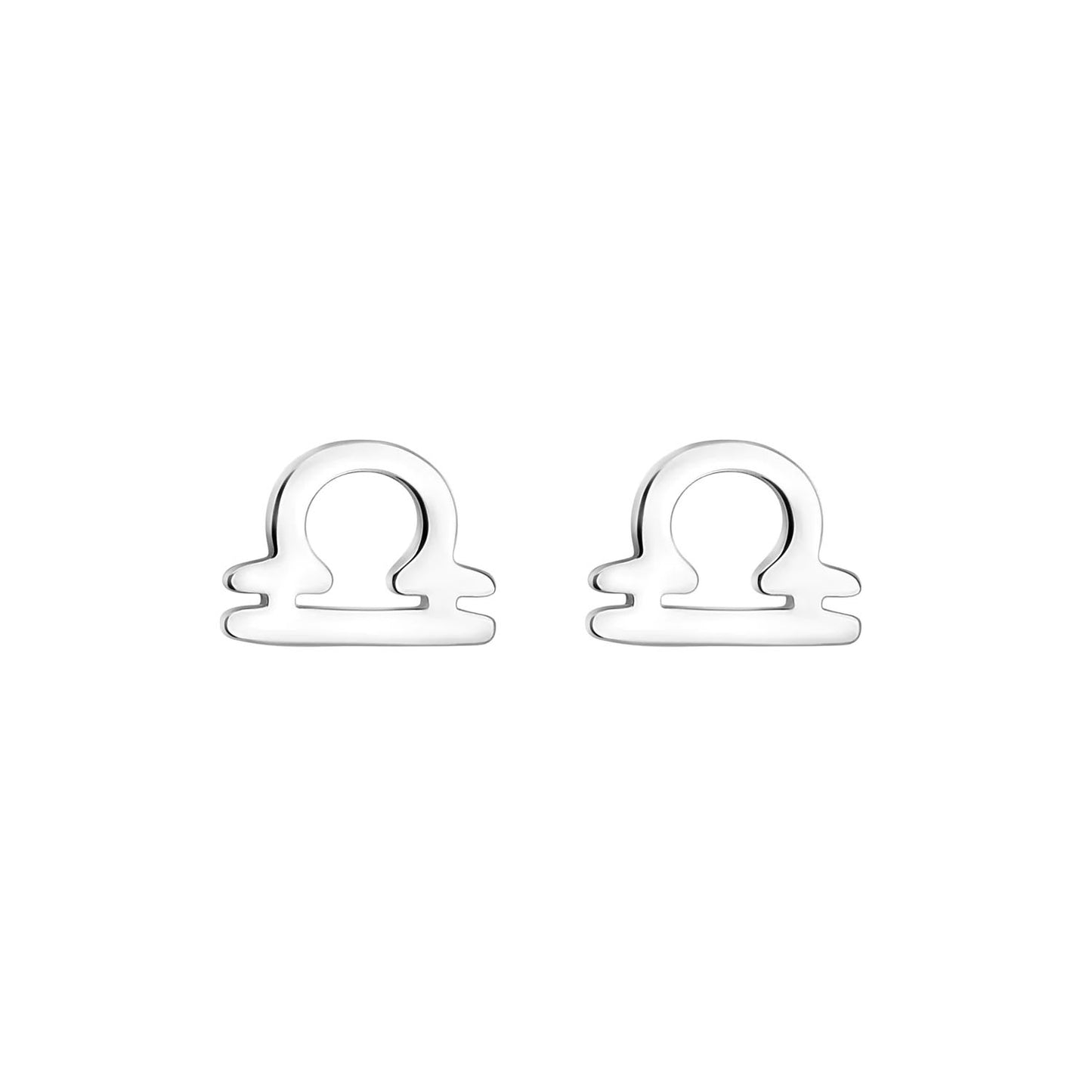 A pair of silver stud earrings featuring the Libra zodiac symbol.