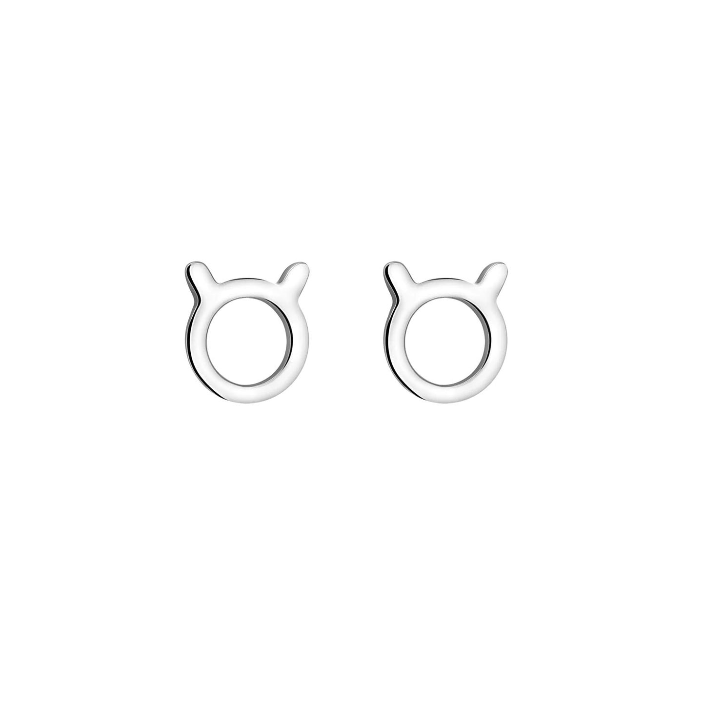 A pair of silver stud earrings designed to resemble the head of a bull with rounded horns, reflecting a minimalist and contemporary design.