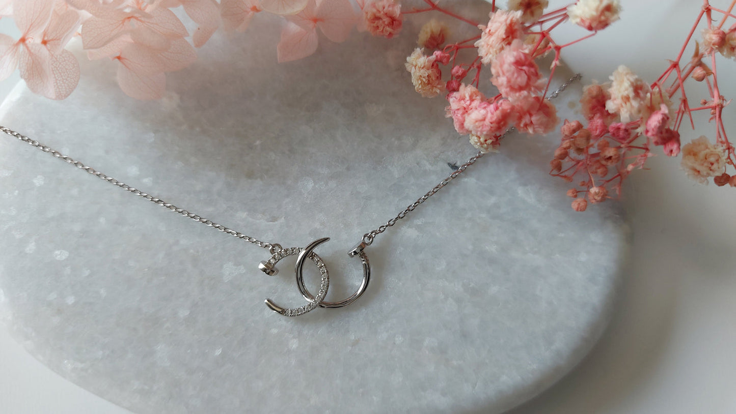 Nail Chain - SIlver Rhodium Plated Nails Necklace with Cubic Zirconia - Amona Jewellery