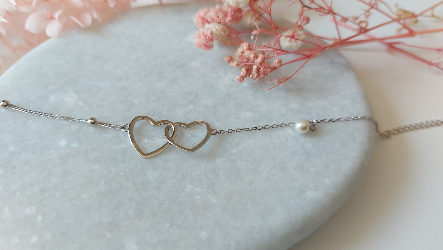 Twin Silver Hearts Bracelet with River Pearl