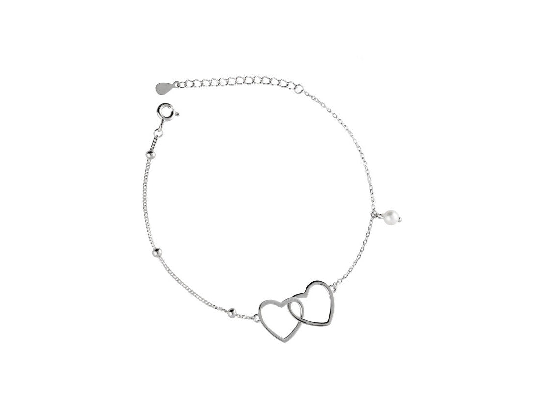 Silver Rhodium Plated Bracelet With Double Hearts and Double Style Chains - Amona Jewellery