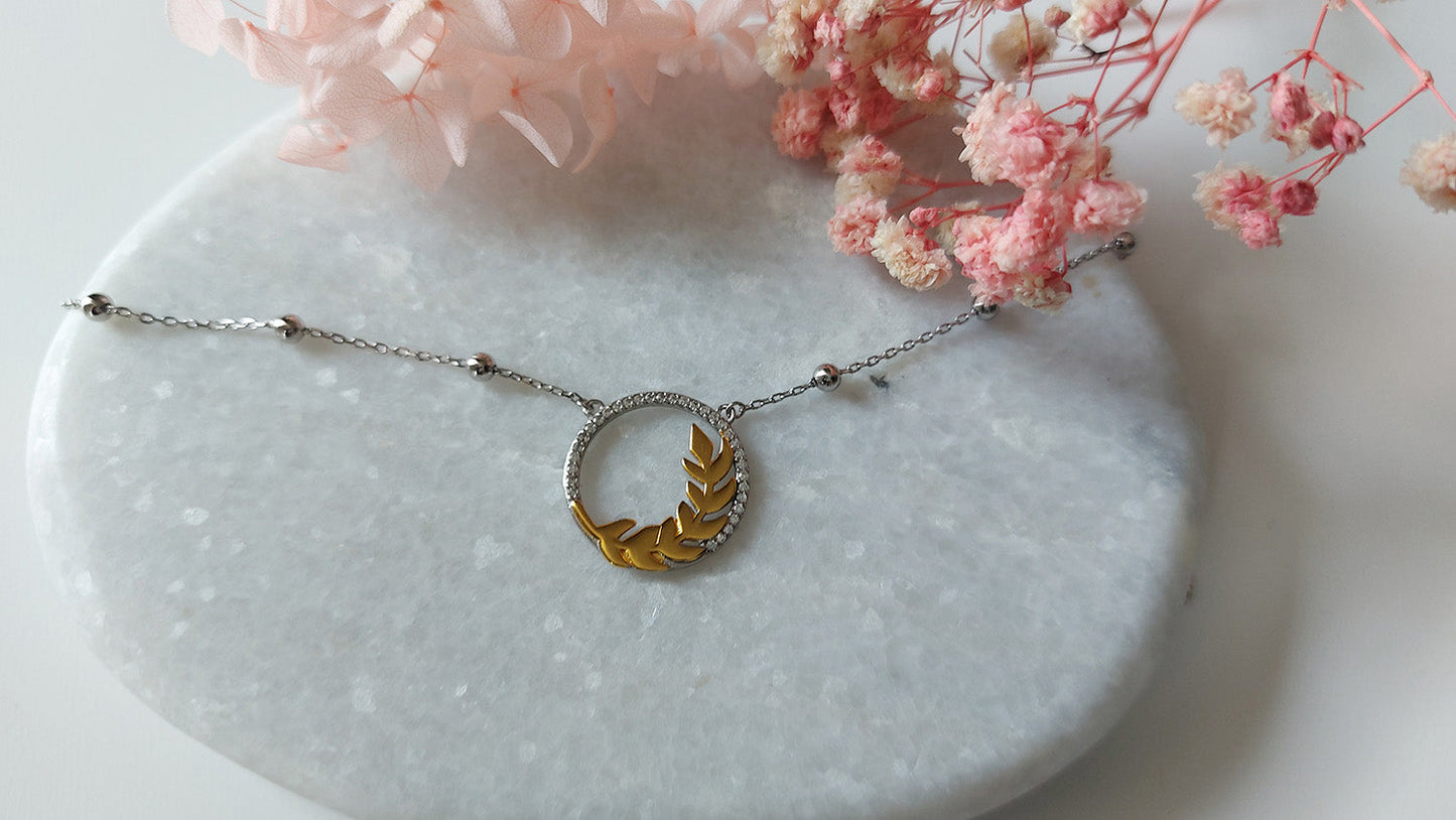 SIlver Rhodium Plated Pendant With Gold Plated Leaves - Amona Jewellery