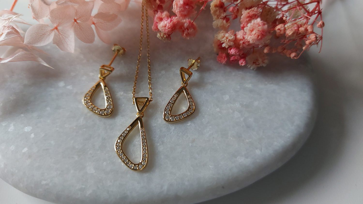 SIlver Gold Plated Triangular Set Cubic Zirconia, Earrings and Necklace - Amona Jewelry