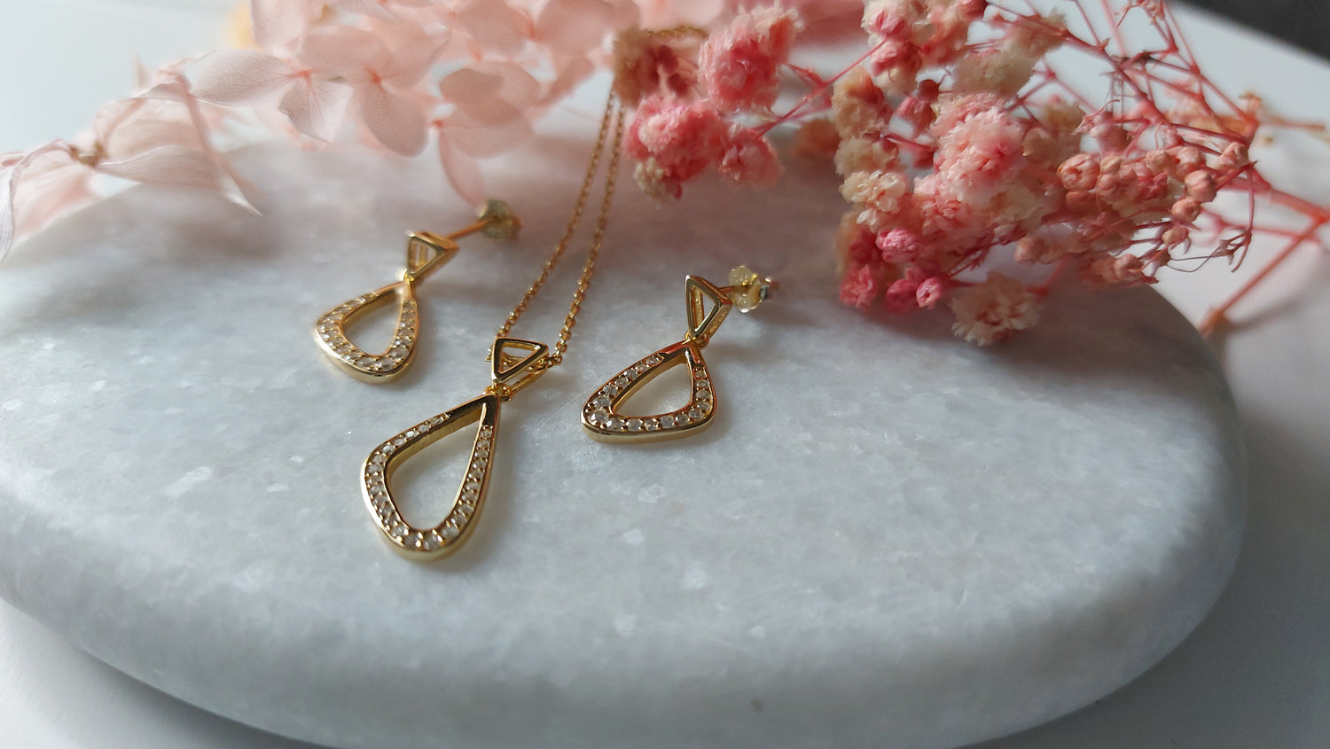 SIlver Gold Plated Triangular Set Cubic Zirconia, Earrings and Necklace - Amona Jewelry