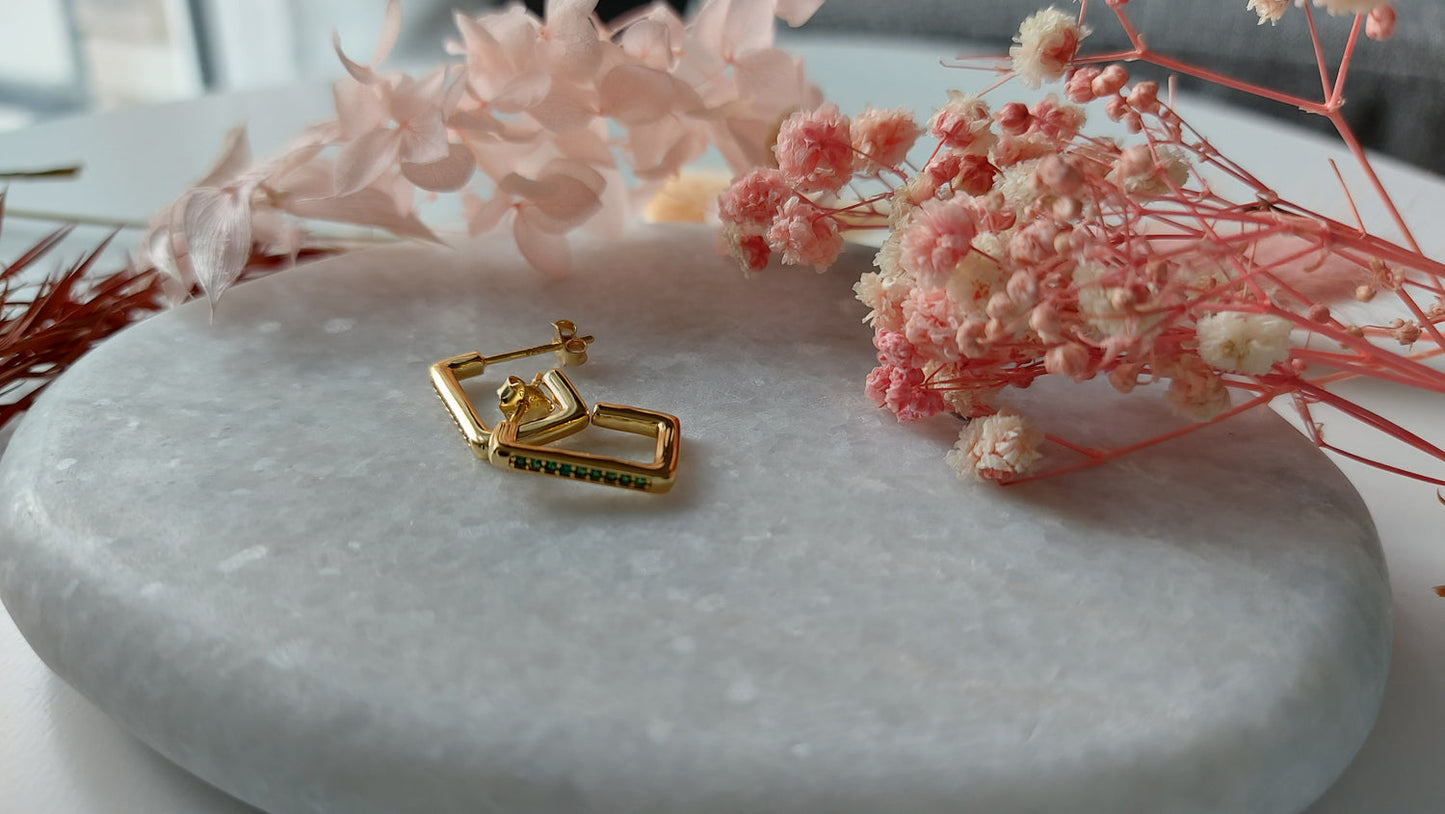 Gold Hoop Earrings Square Shape Cubic Zirconia - Amona Jewellery