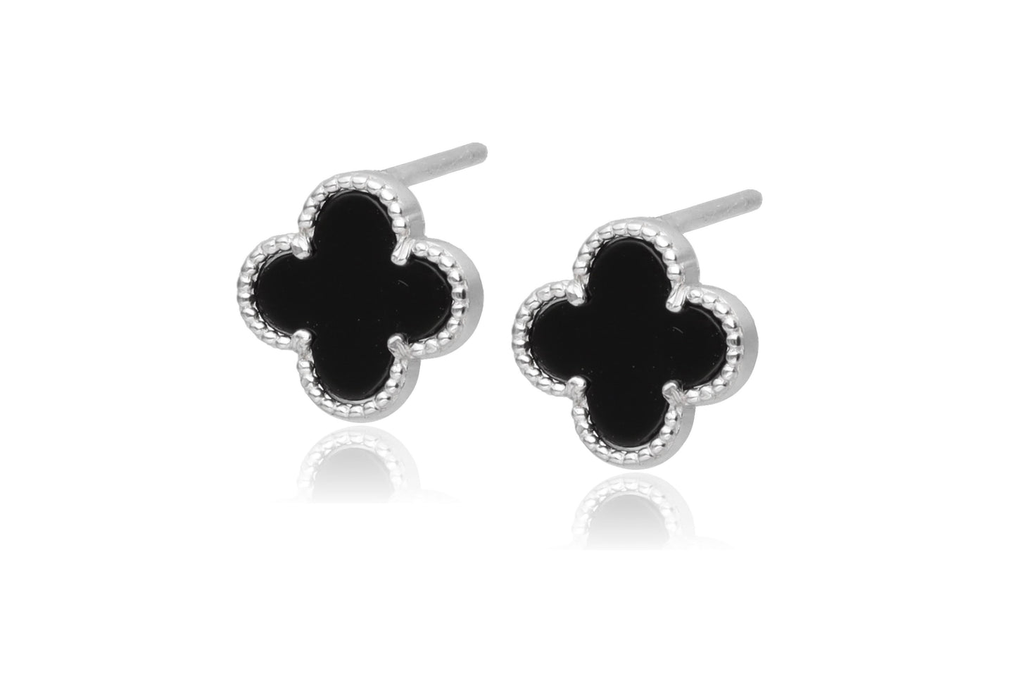 Silver Black Clover Earrings with Onyx