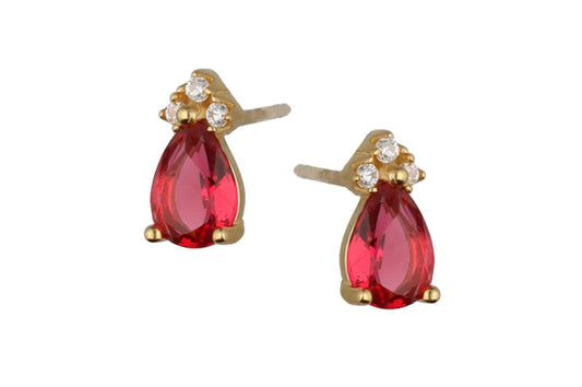 Gold Teardrop Stud Earrings with Red Stone