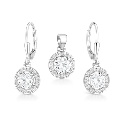 Silver earring set with round clear gemstones on a white background