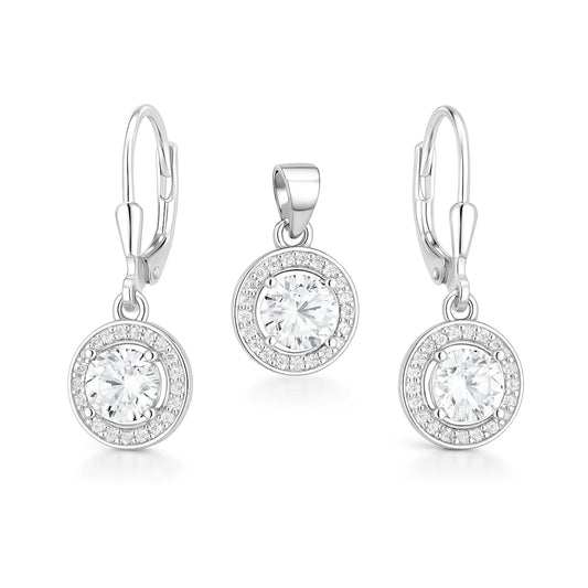 Silver earring set with round clear gemstones on a white background