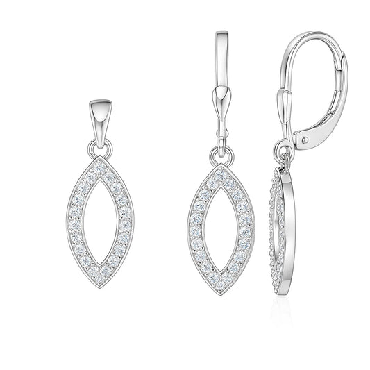 Silver earrings with clear gemstones on a white background