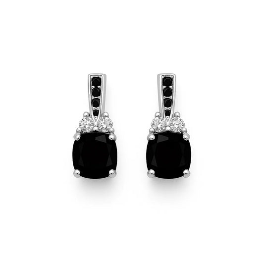 Pair of black gemstone earrings with silver accents on a white background