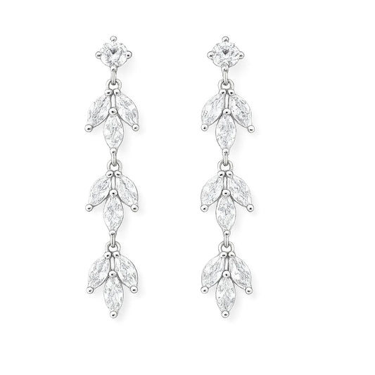 Pair of silver earrings with clear gemstones on a white background