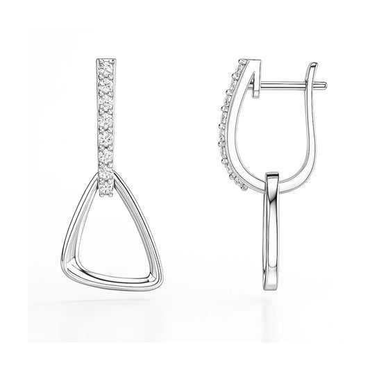 Silver earrings with a geometric design on a white background