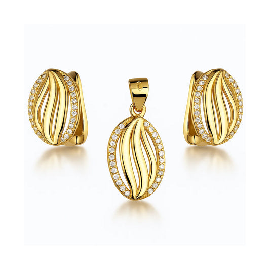 Gold jewelry set with earrings and a pendant on a white background