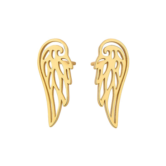 Gold angel wing earrings on a white background