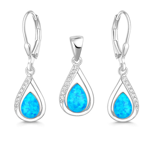 Silver teardrop earrings with blue gemstones on a white background