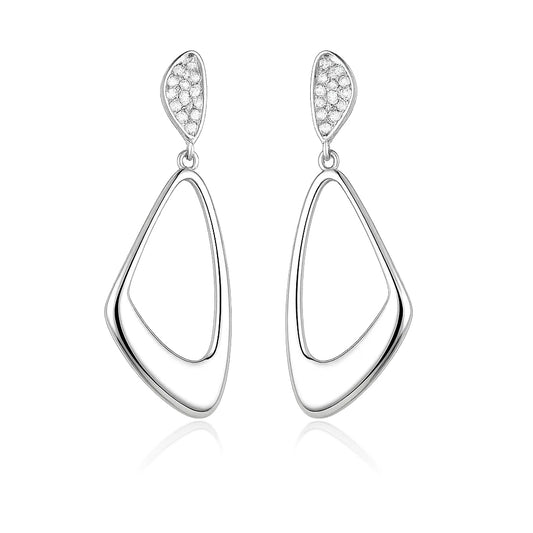 Silver earrings with teardrop-shaped pendants on a white background