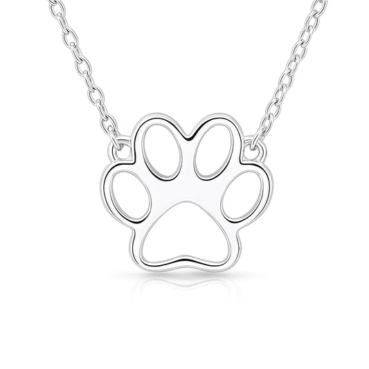 Silver paw print necklace on a white background