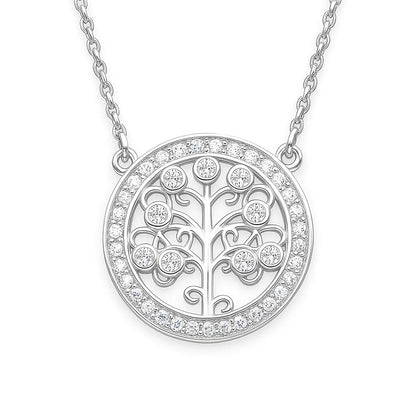 Silver necklace with a circular pendant featuring a tree design and small diamonds on a white background