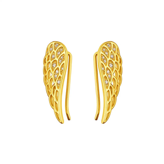 Gold angel wing earrings on a white background