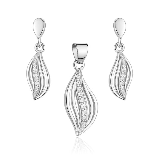 Silver leaf-shaped pendant and earrings on a white background