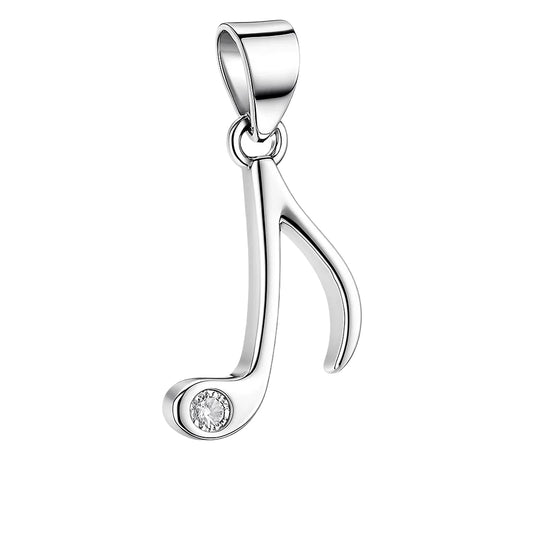 Silver pendant shaped like a musical note with a small gemstone on a white background