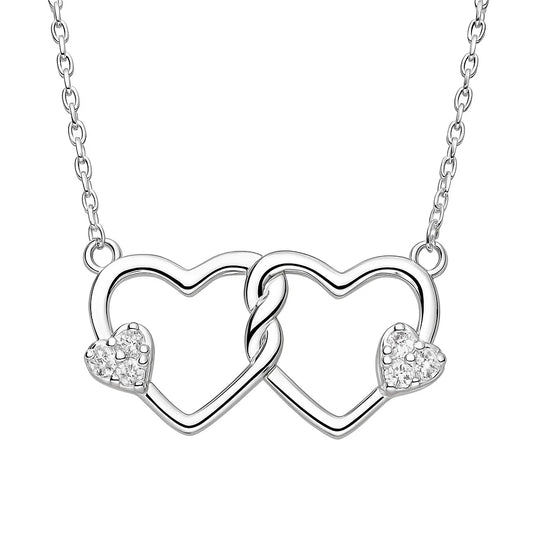 Silver necklace with interlocking heart pendants on a white background