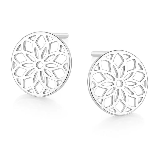 Pair of silver floral earrings on a white background