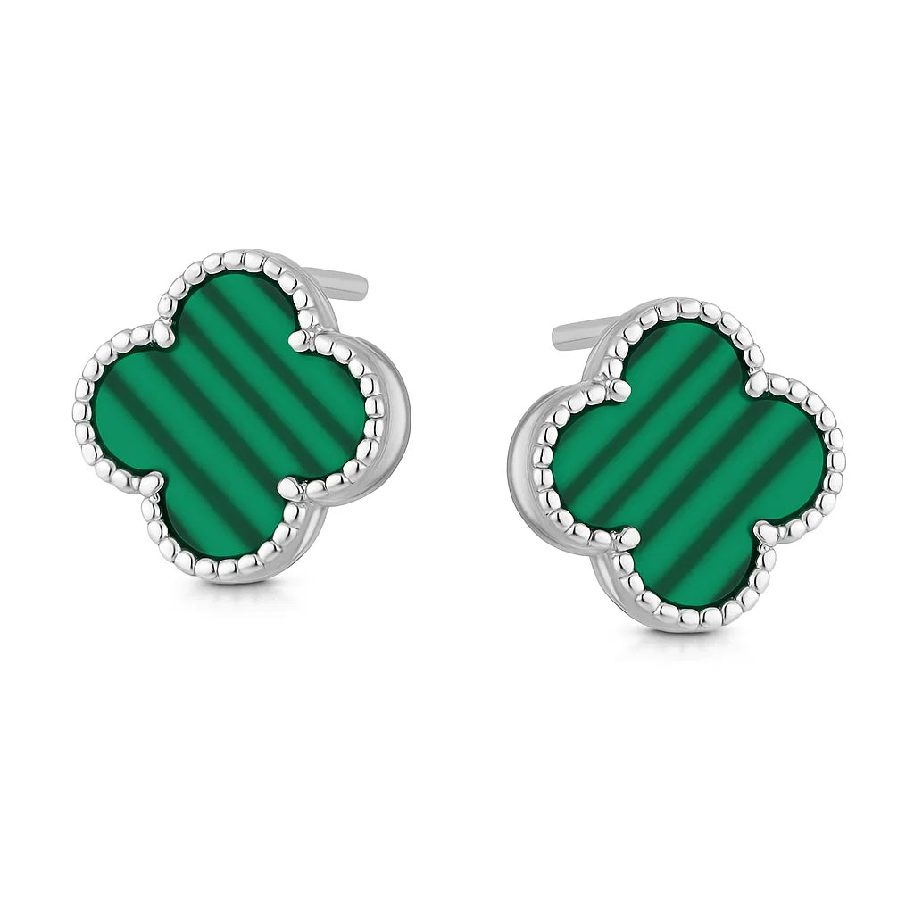Pair of green clover-shaped earrings with silver accents on a white background