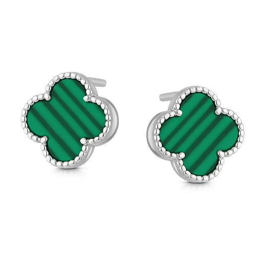 Pair of green clover-shaped earrings with silver accents on a white background