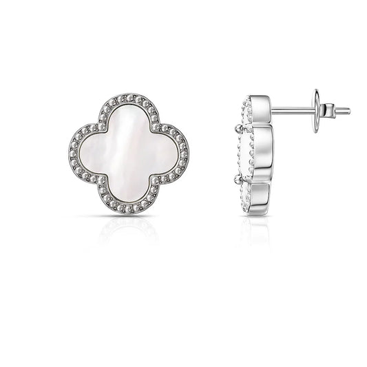 Silver clover-shaped earring with a white center on a white background