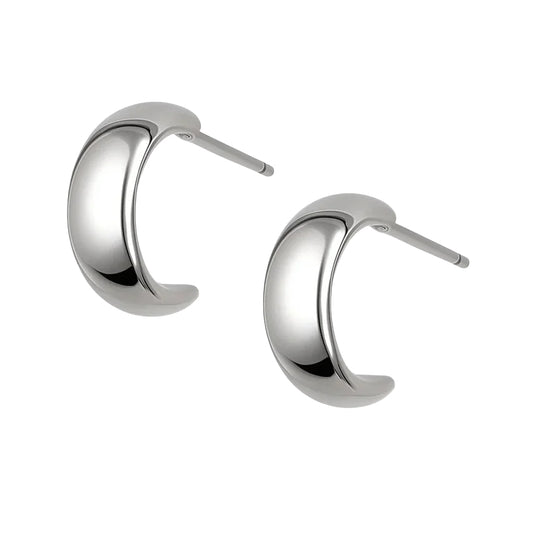 Pair of silver hoop earrings on a white background