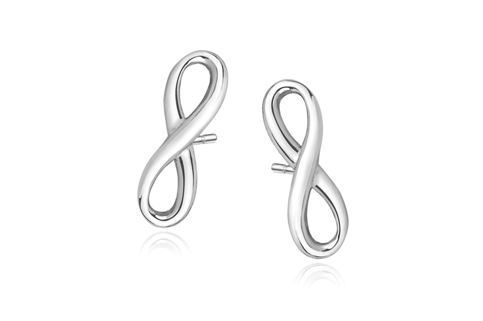 A pair of silver infinity earrings with a rhodium plating, displayed against a white background.