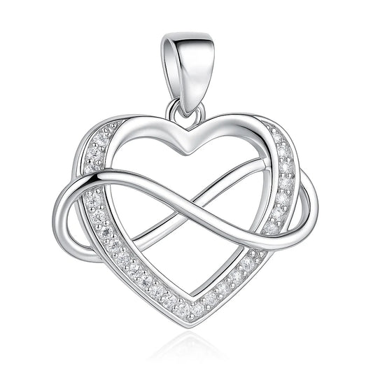 Silver heart-shaped pendant with interlocking design on a white background