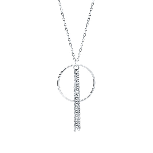 Trendy  Necklace -Rhodium Plated Silver Necklace with Circle and Chains