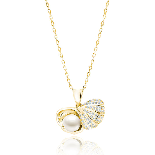 Gold Seashell Necklace with Pearl and CZ