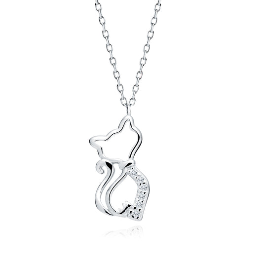 Silver Rhodium-Plated Cat Necklace with White CZ